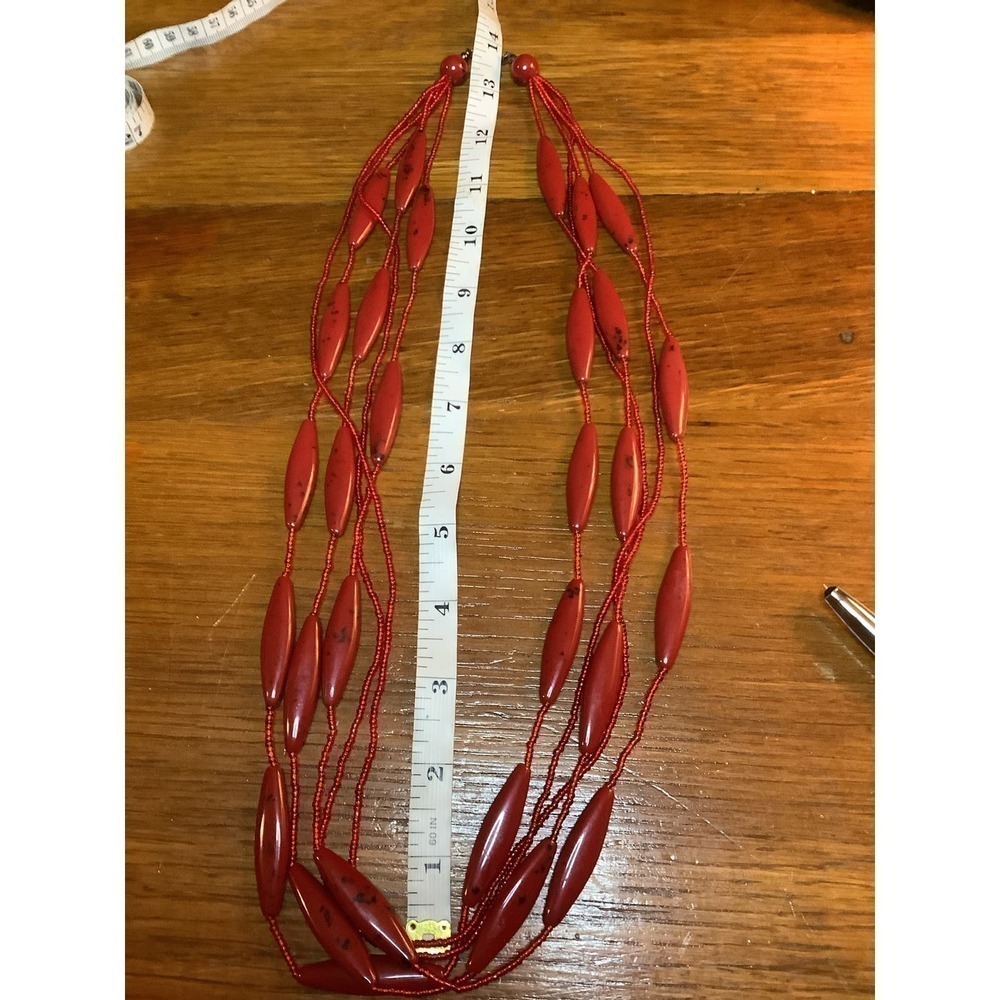 Red Multi Strand Seed Bead Marquise Necklace Boho Statement 24 in - Picture 3 of 3